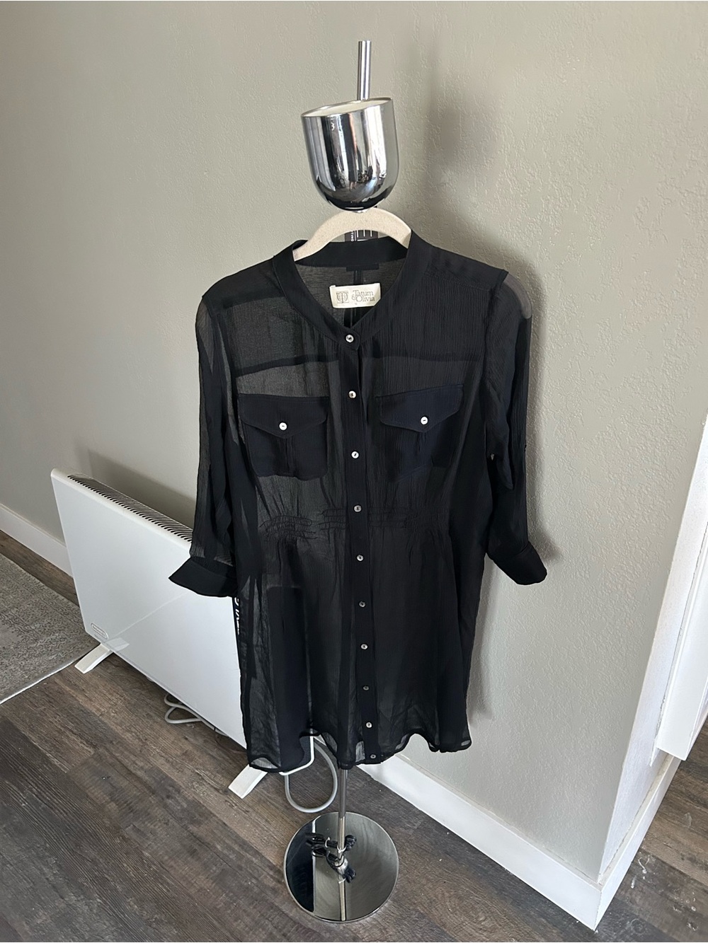 100% Silk Black Sheer Longline Tunic Shirt